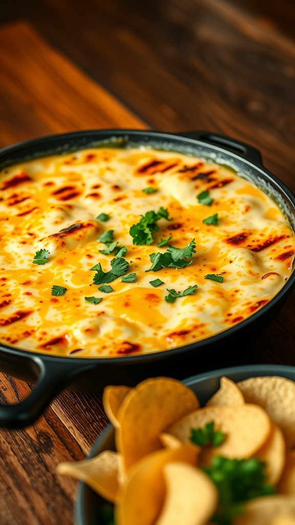 Smoky Grilled Queso Dip Recipe A skillet filled with melted queso dip, topped with cilantro, alongside crispy tortilla chips on a wooden table.